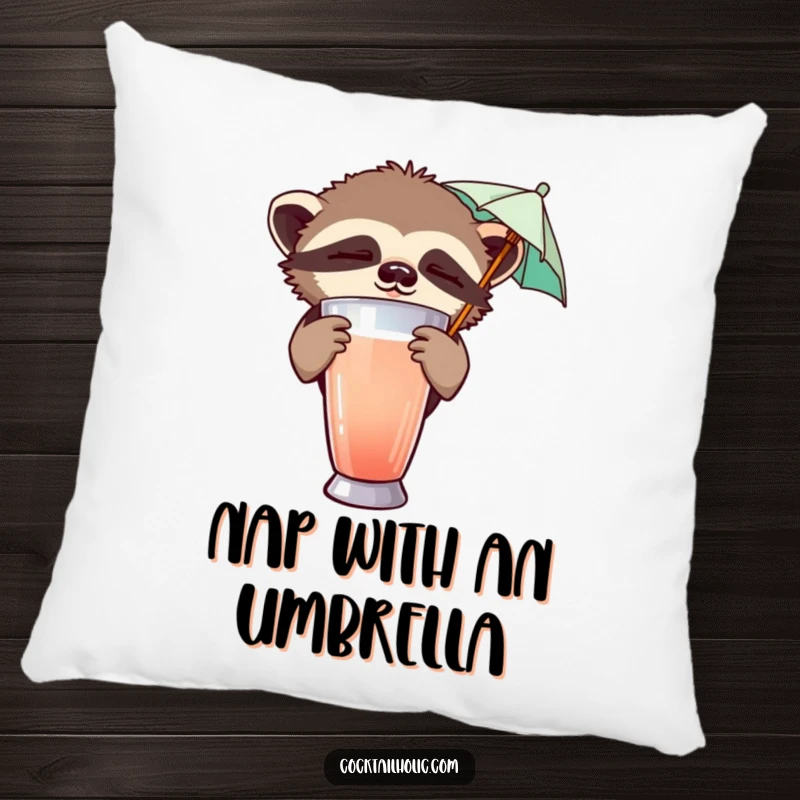 Funny pillow featuring a sleepy sloth peeking from behind a cocktail shaker, holding a tiny umbrella, perfect for cozy relaxation.