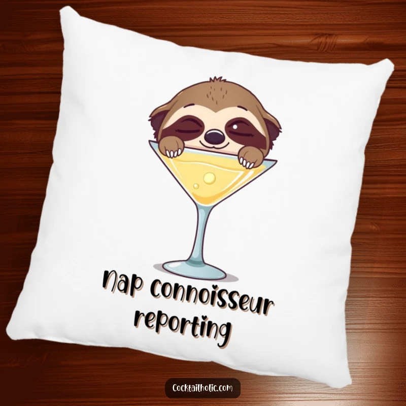 Funny pillow featuring a sleepy sloth with wide, happy eyes peeking over a giant martini glass, perfect for lounging.