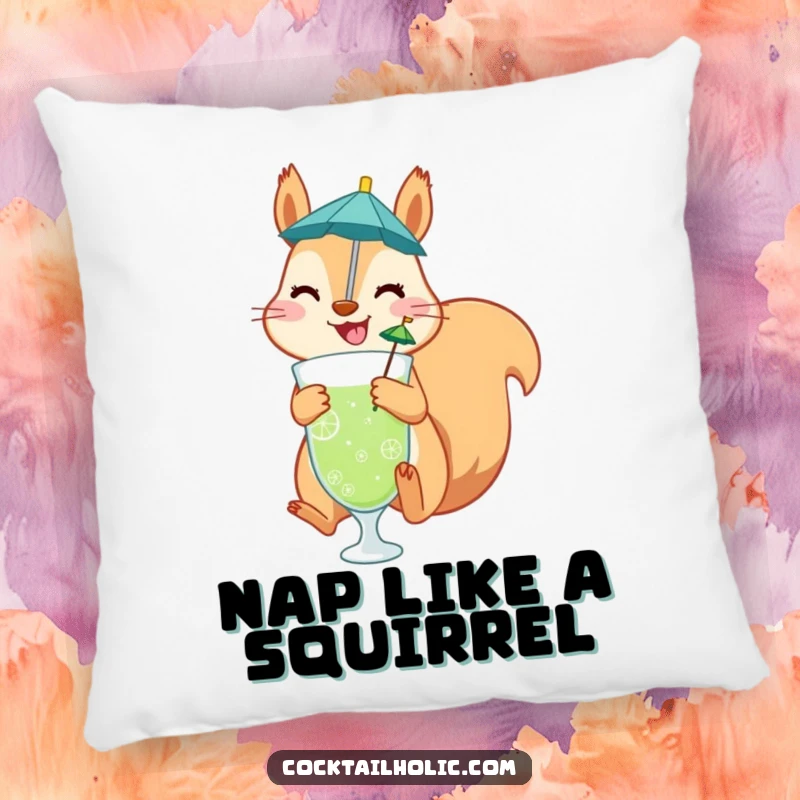 Funny pillow featuring a happy squirrel mid-air with a drink umbrella, offering comfort and a dose of playful cheer.
