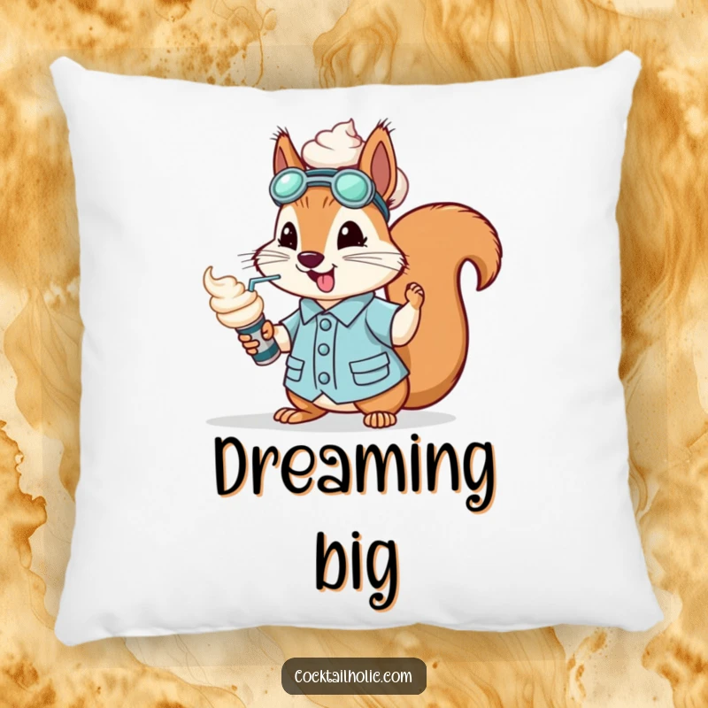 Funny bouncy squirrel dressed as a mixologist, spraying whipped cream from a can, on a pillow.