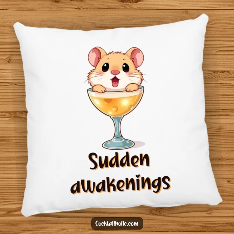 Funny hamster pillow, depicting a surprised hamster popping out of a miniature cocktail glass, for cozy, humorous relaxation.