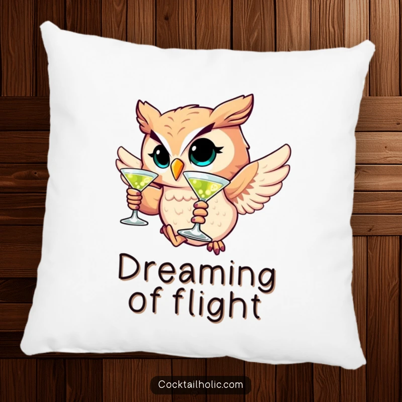 Funny pillow with a winking owl character soaring with a martini, adding humorous comfort.