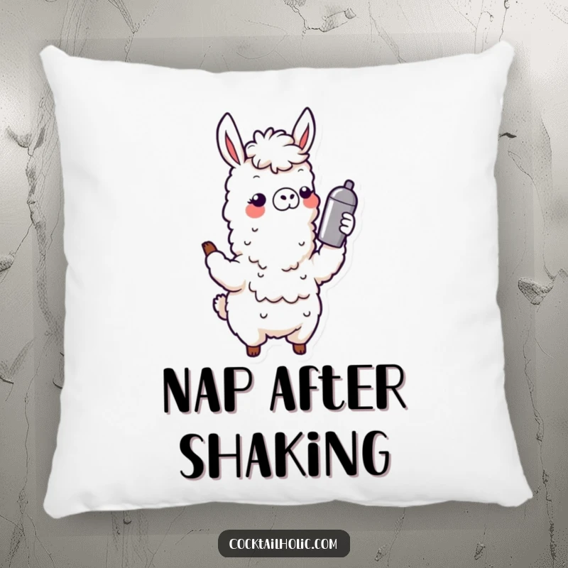 Funny Wobbly Llama Pillow: A soft pillow featuring a gleeful llama shaking a cocktail shaker, adding a humorous and comfortable accent to any room.