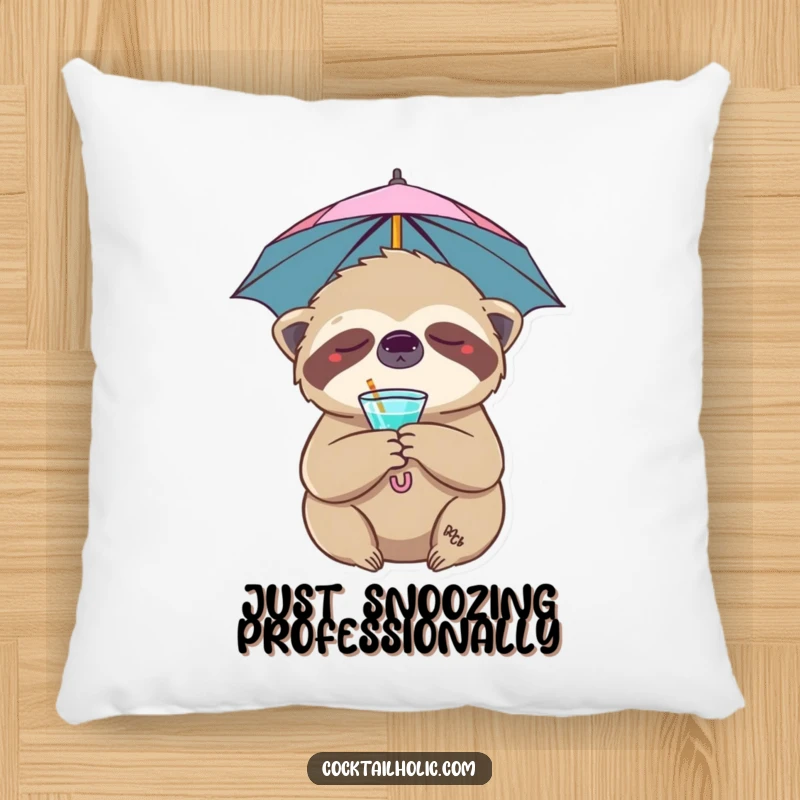 Funny sloth pillow with a sleepy character holding a cocktail umbrella, offering comfort and humor for a cozy funny gift.