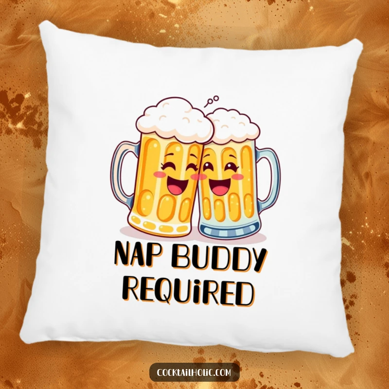 Funny pillow featuring two cheerful beer mugs giving a high five, designed for comfort and laughter, a cozy home accessory.