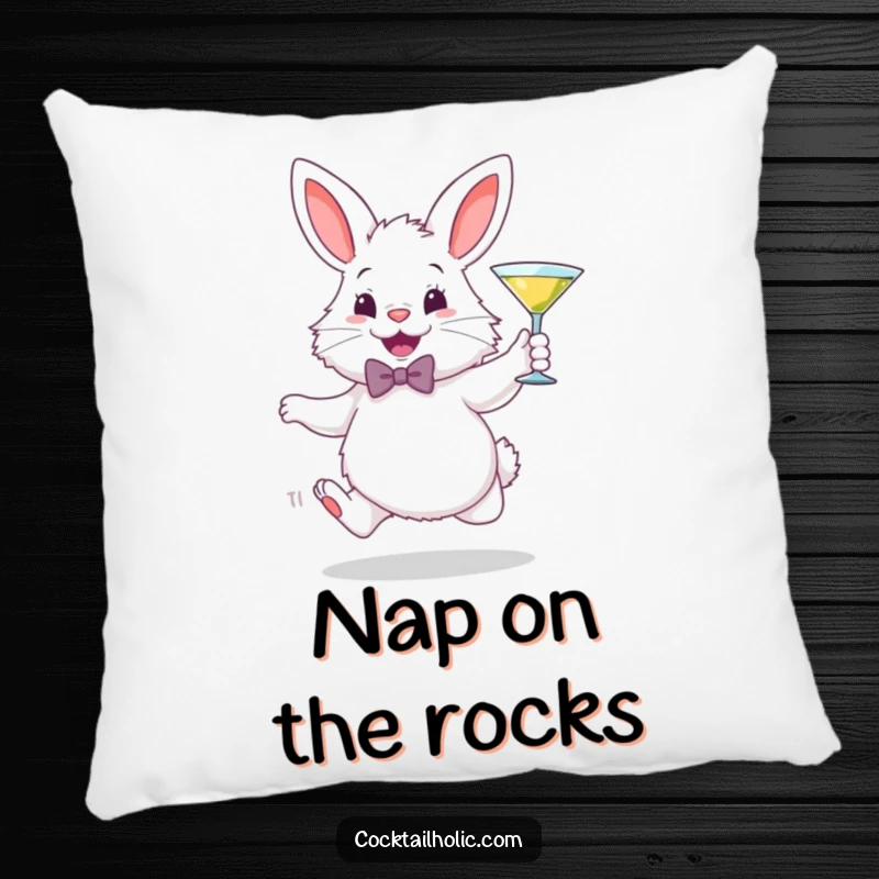 Funny pillow featuring a fluffy white bunny in a bowtie, gleefully hopping and holding a miniature martini glass, for cozy, elegant moments.