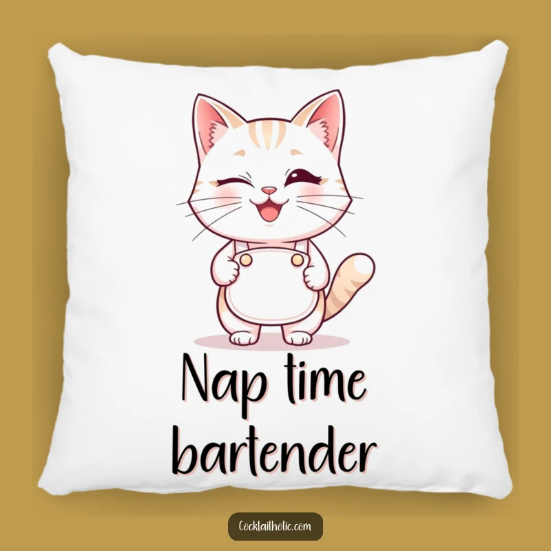 Cozy Funny Winking Cat Bartender Pillow: Cuddle Up with Humor