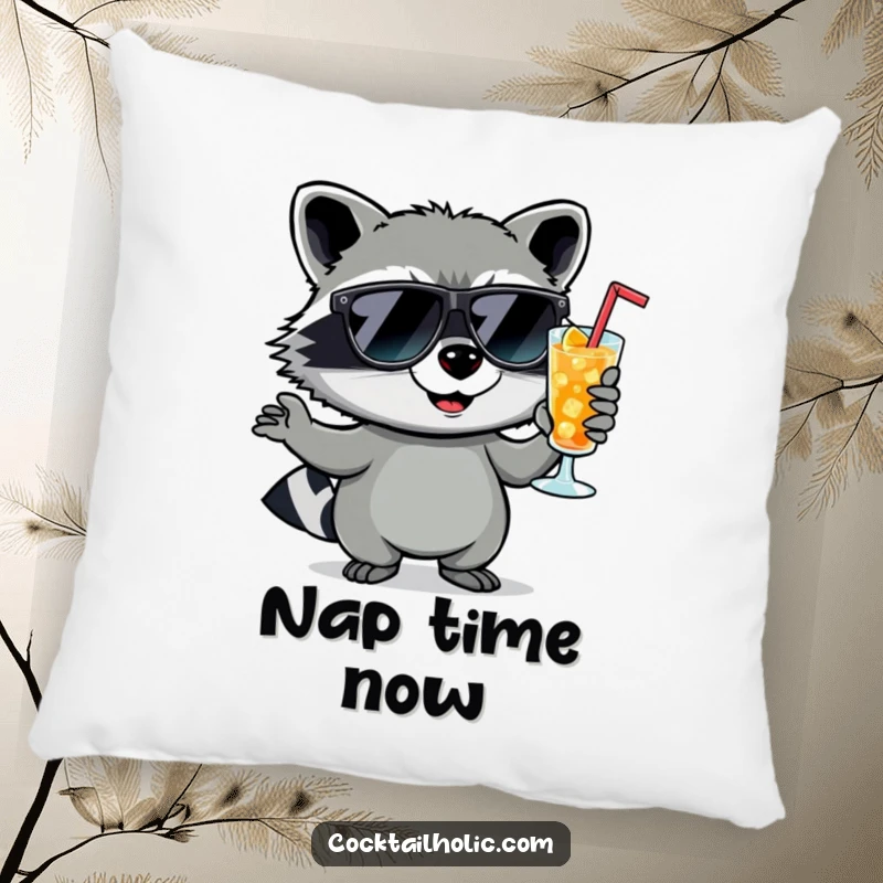Funny raccoon wearing sunglasses and holding a cocktail, with a smirking expression, printed on a comfy pillow.