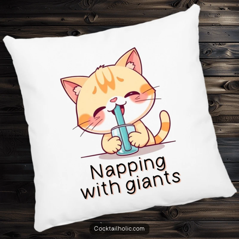 Funny pillow featuring a giggling cat character attempting to use a comically large straw, soft and humorous decor.