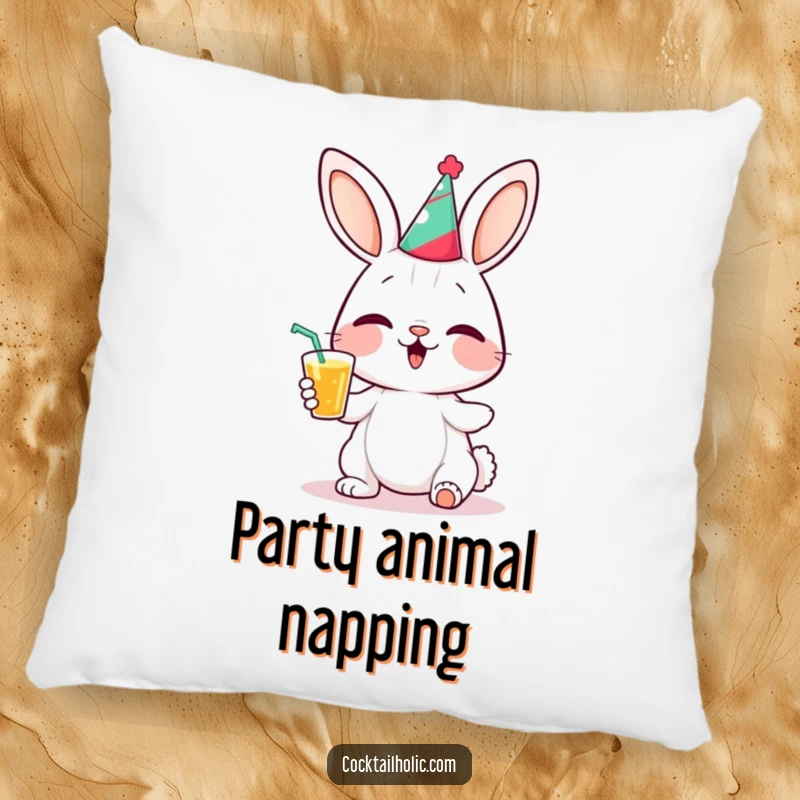 Funny bunny party pillow with a giggling bunny character wearing a tiny party hat and holding a drink, offering comfort and cheer.