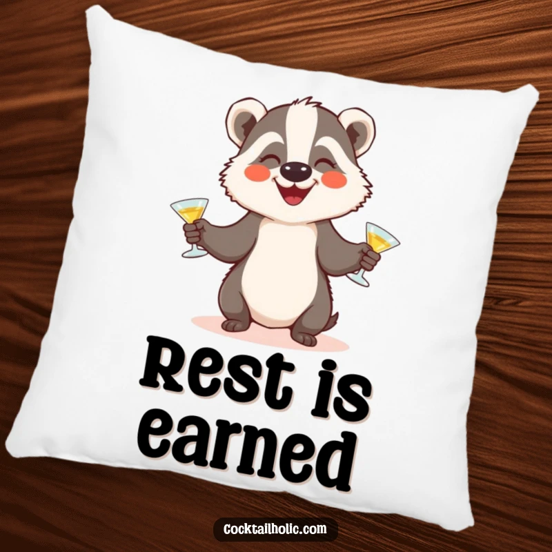 Funny badger cocktail pillow with a happy badger character juggling tiny glasses, offering comfort and a touch of playful skill.