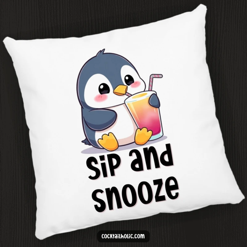 Funny Penguin Sipping Pillow: A soft pillow featuring a content penguin sipping a drink, offering humorous comfort and a touch of cute decoration.