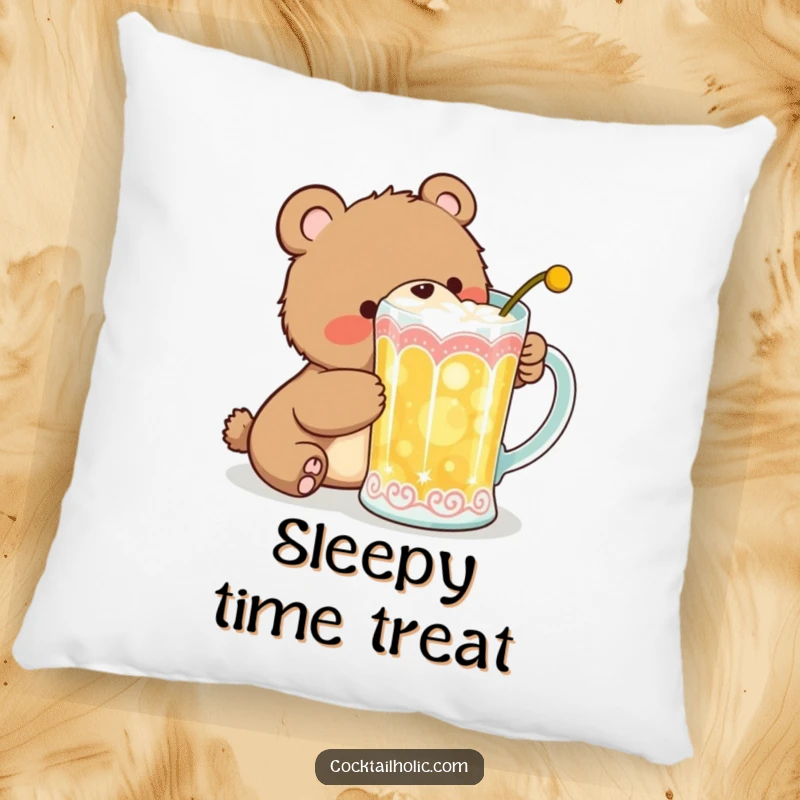 Funny Pillow adorned with a giggling bear cub attempting to sneak a sip from a large, decorative cocktail mug, offering comfort and charm.
