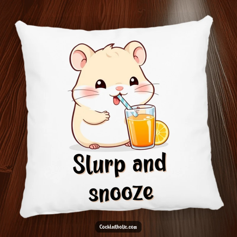 Funny happy hamster character sipping a colorful drink from a tiny straw, depicted on a soft, decorative pillow.