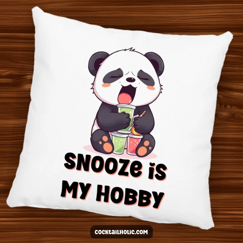 Funny Sleepy Panda Pillow: A yawning panda balances mini drinks, offering comfortable humor and a relatable sleepy charm.