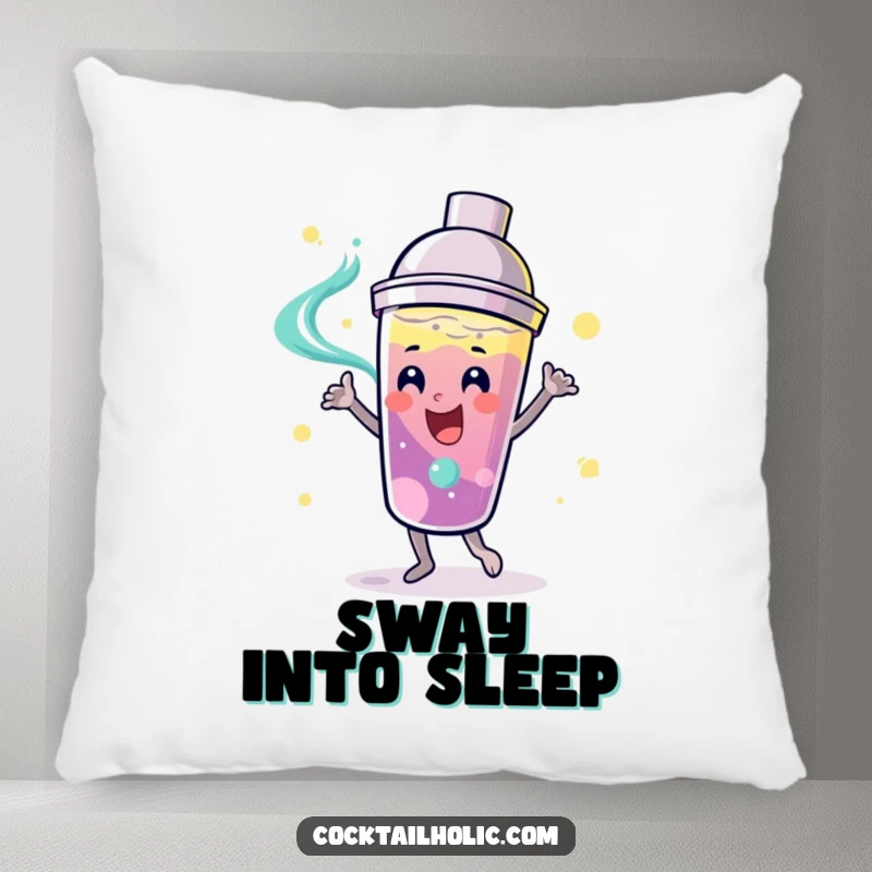 Funny playful cocktail shaker with a smiling face, dancing with swirling liquid on a soft and funny pillow.