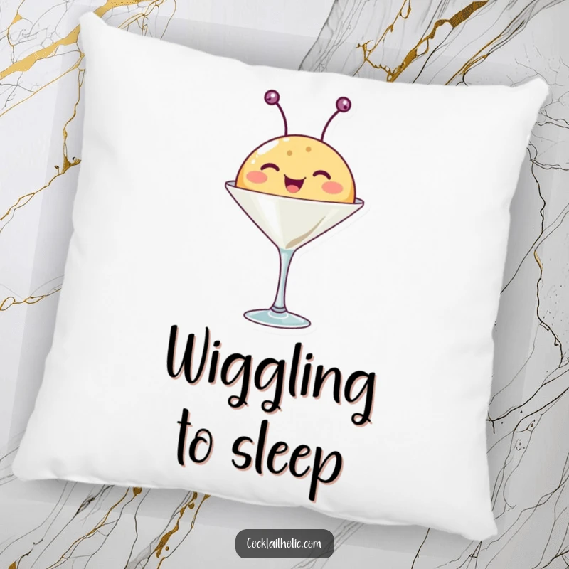 Funny decorative pillow featuring a happy, round creature with antennae wiggling from a martini glass, soft and humorous.