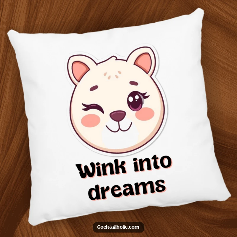 Funny decorative pillow featuring a round, smiling animal face playfully winking, offering comfort and cheerful humor.