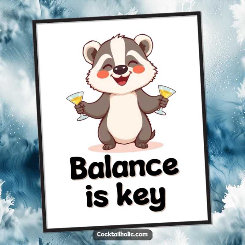 Funny badger juggling digital art print of a happy badger character juggling three small cocktail glasses, ready for printing.