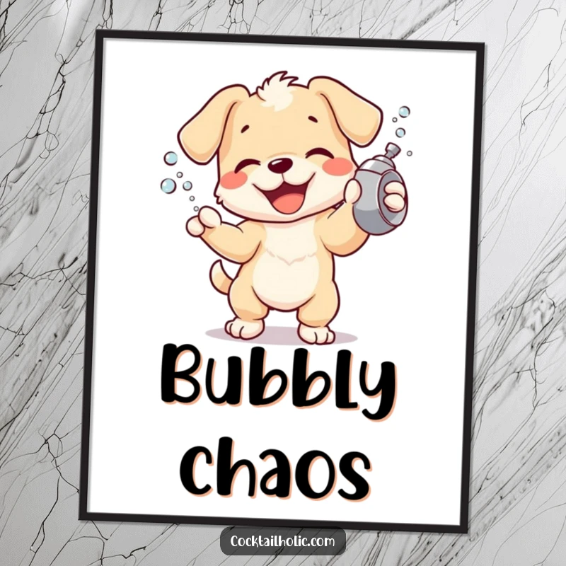 Joyful puppy character exuberantly shaking a cocktail shaker, spraying tiny bubbles, high-resolution digital art print.