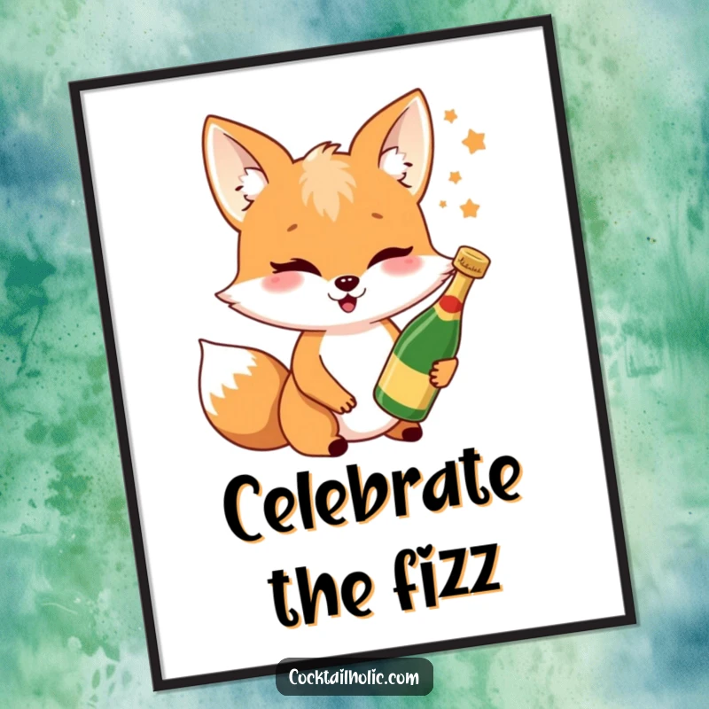 Funny fox Champagne digital art print of a cheerful fox winking while holding a miniature bottle, ready for printing.