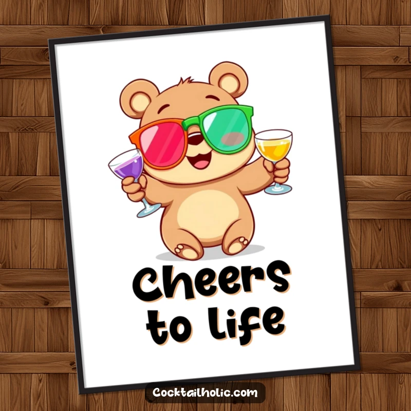 Funny Digital Art Print of a happy cartoon bear with rosy cheeks, expertly juggling colorful cocktail glasses, bringing joy and laughter to any space.