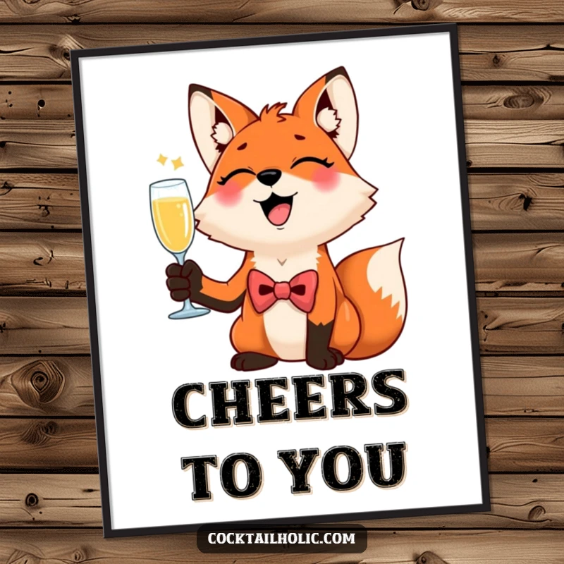 Funny Giggling Fox Digital Art: A dapper fox in a bow tie giggles, raising a champagne flute, offering downloadable humor and elegance.
