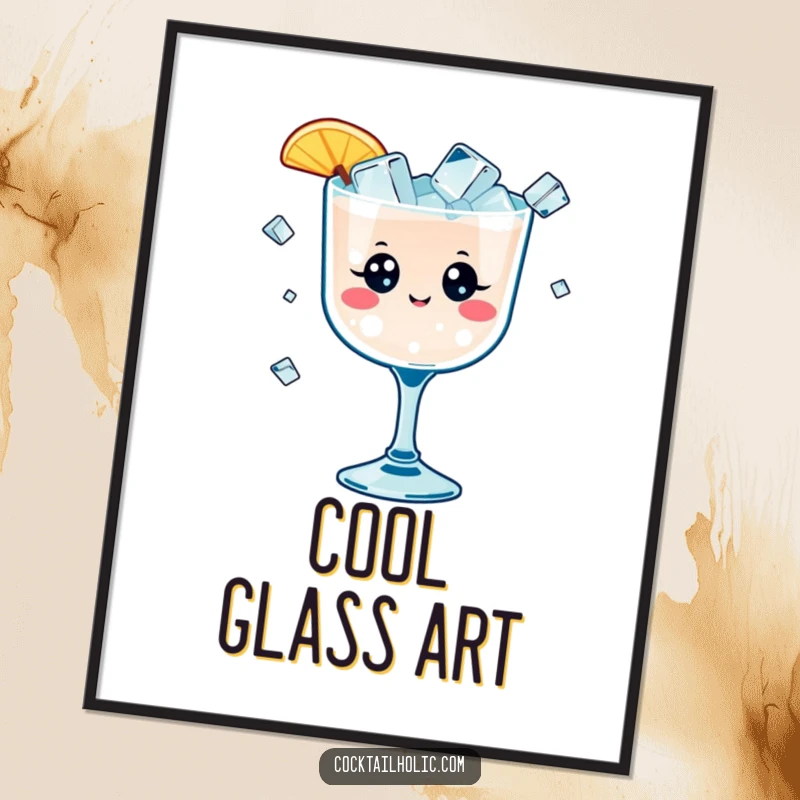 Funny digital art print of a kawaii cocktail glass with cheerful eyes juggling small ice cubes, whimsical and humorous wall decor.