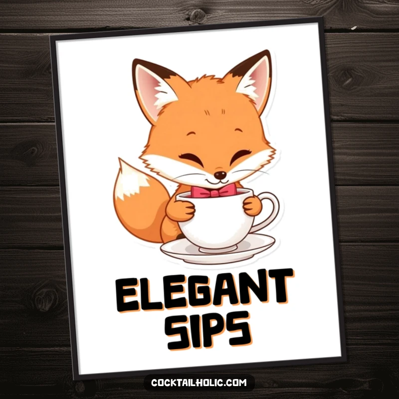 Funny digital art print of a playful fox wearing a bow tie sipping tea, perfect for elegant wall decor.