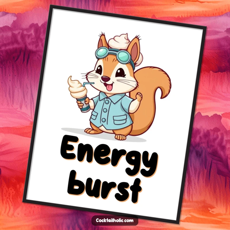 Funny squirrel dressed as a mixologist, spraying whipped cream from a can, as a digital art print.