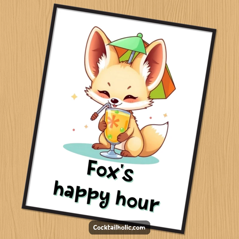 Funny fennec fox digital art print happily sipping from a colorful drink umbrella, instant humorous wall art.