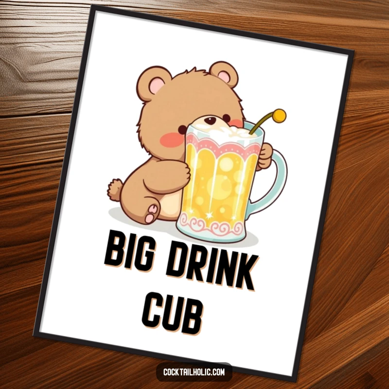 Funny Digital Art Print of a giggling bear cub attempting to sneak a sip from a large, decorative cocktail mug, adding whimsy.