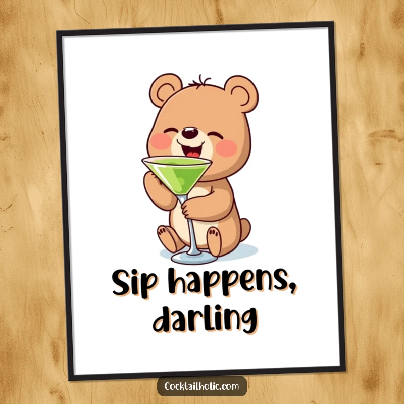 Funny bear martini digital art print of a small bear character joyfully sipping from a tiny martini glass, ready for printing.