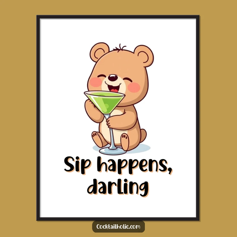 Funny Bear Martini Digital Art Print: Hilarious Cocktail Wall Art for Instant Download