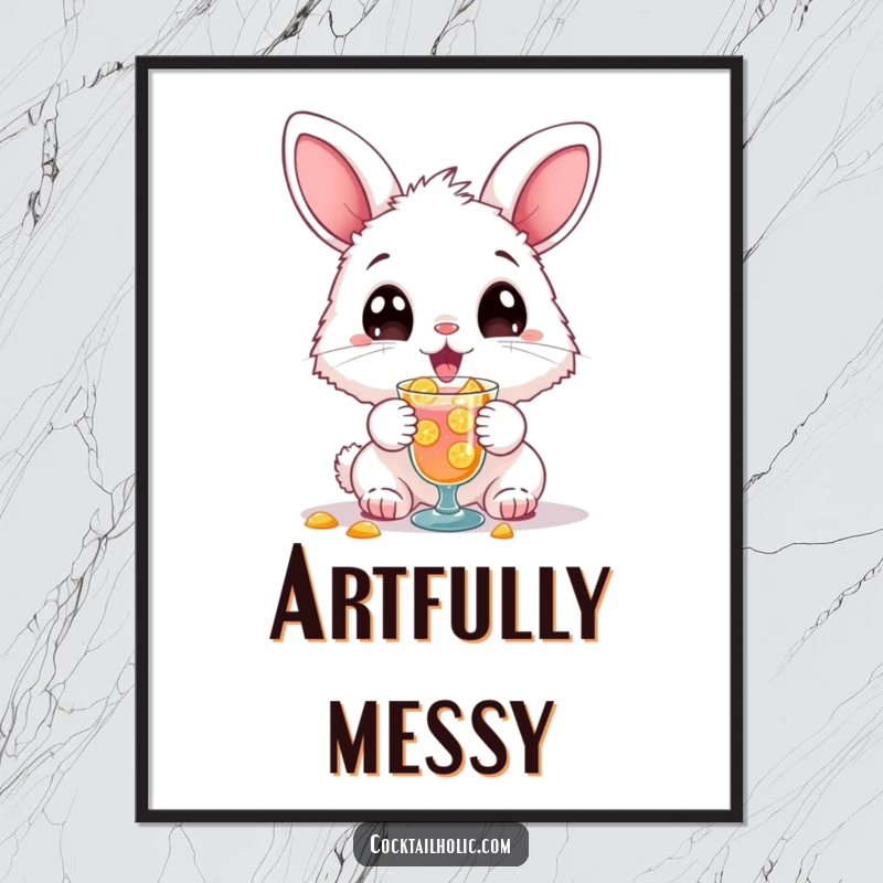 Funny digital art print of a fluffy bunny gleefully spilling a cocktail, perfect for humorous wall decor download.