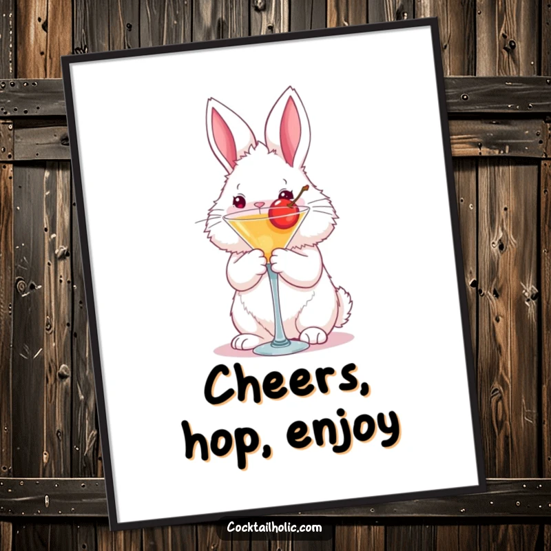 Funny fluffy bunny digital art print holding a martini glass with a cherry, instant humorous wall art.