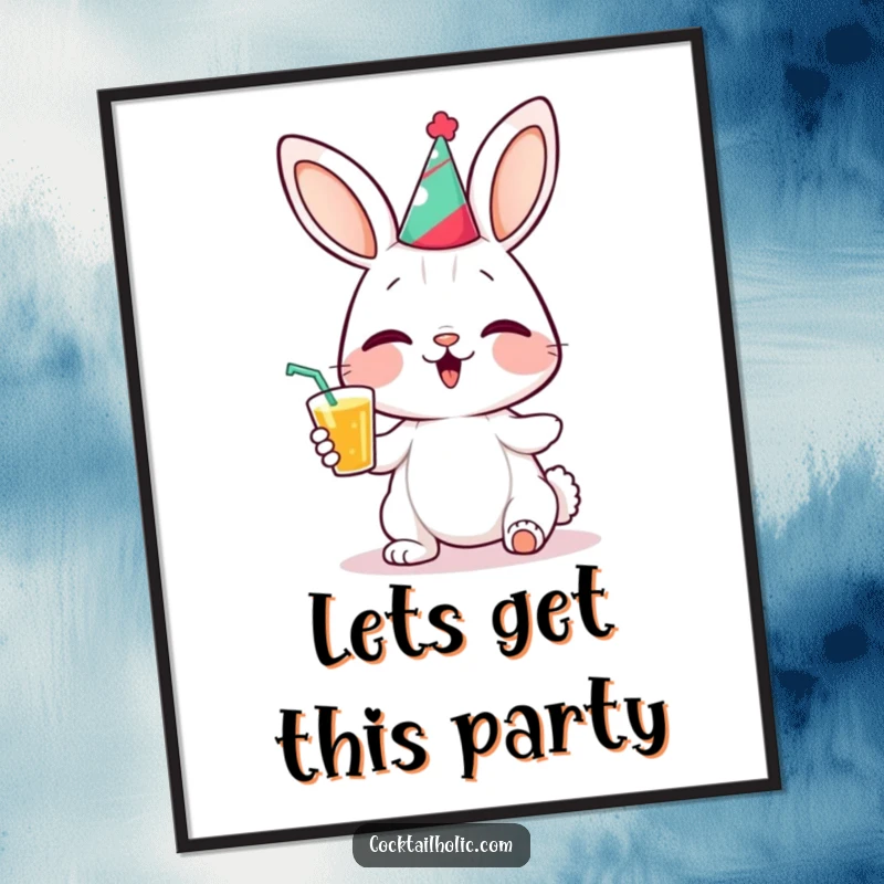 Funny bunny party digital art print of a giggling bunny character wearing a small party hat and holding a drink, ready for printing.