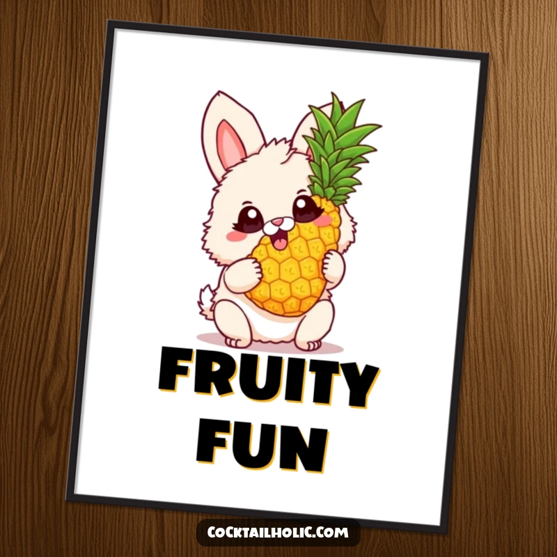Funny Digital Art Print of a fluffy bunny with big excited eyes, joyfully twirling a pineapple, bringing tropical vibes and cheerful energy.
