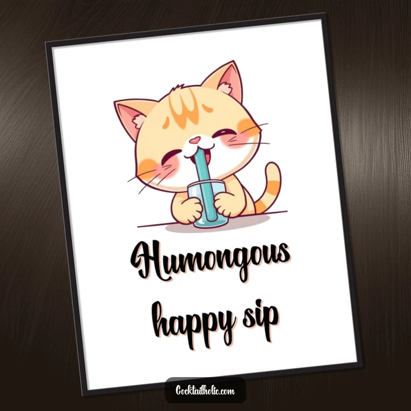 Funny digital art print of a giggling cat attempting to drink from a comically large straw, humorous wall decor.