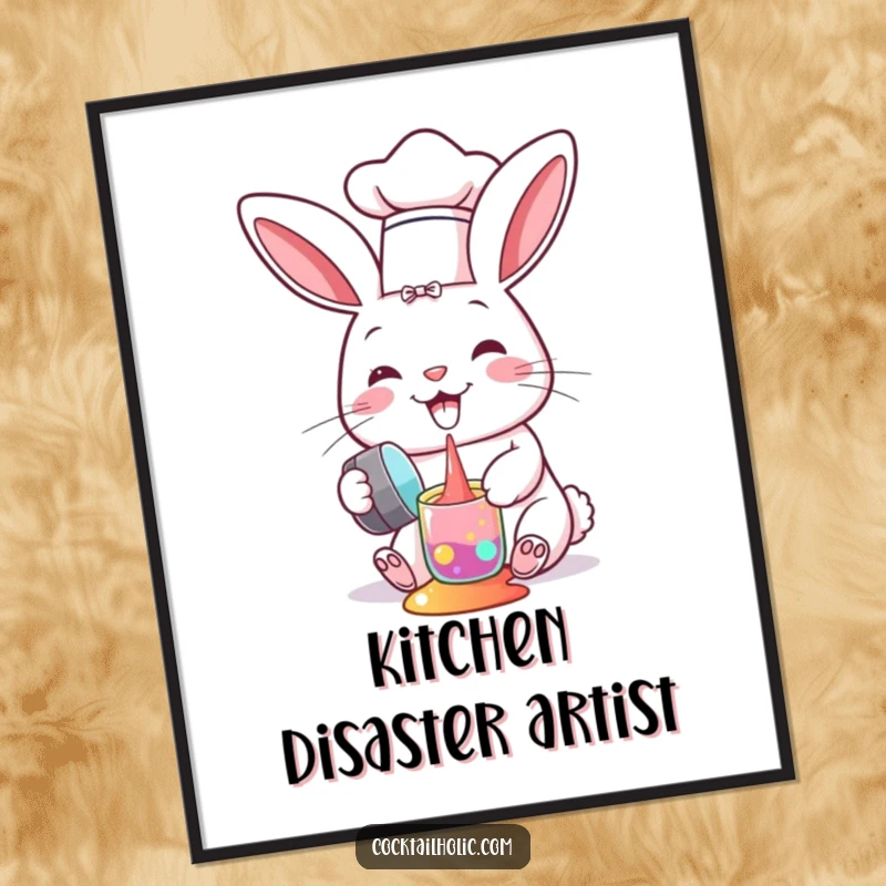 Funny digital art print of a happy bunny chef in a small hat, spilling colorful liquids from a shaker.