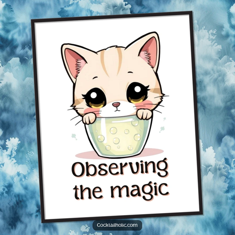 Funny cat digital art print, depicting a wide-eyed feline investigating a glass filled with intriguing, bubbling liquid.