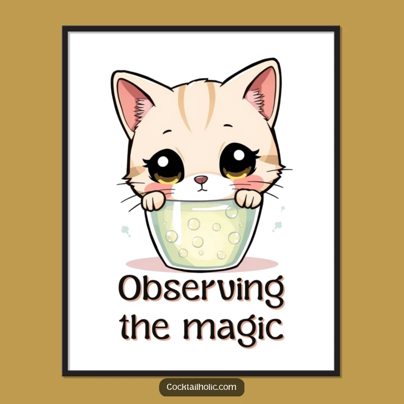 Funny Curious Cat Bubbling Drink Digital Art Print - Intriguing Decor