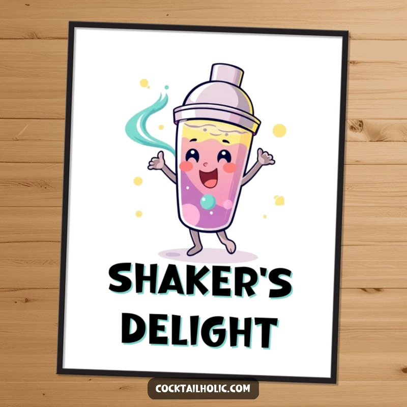 Funny playful cocktail shaker with a smiling face, dancing with swirling liquid, available as a high-resolution digital art print.