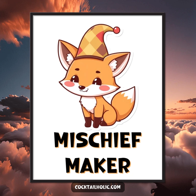 Funny Digital Art Print of a cute fox wearing a jester hat, tipping it with a mischievous grin, bringing playful charm to any space.