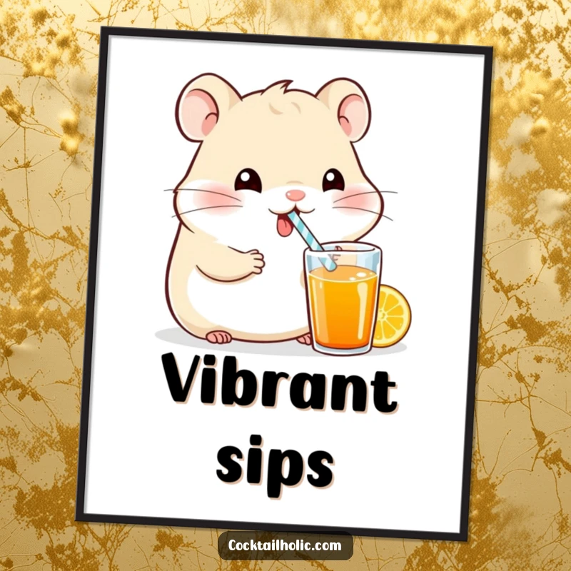 Funny cartoon hamster character with a tiny straw drinking a bright beverage, high-resolution digital art print.
