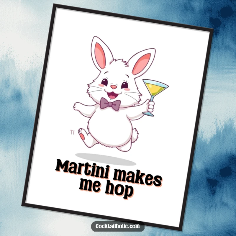 Funny digital art print of a fluffy white bunny in a bowtie, gleefully hopping with a miniature martini glass, adding chic celebration.