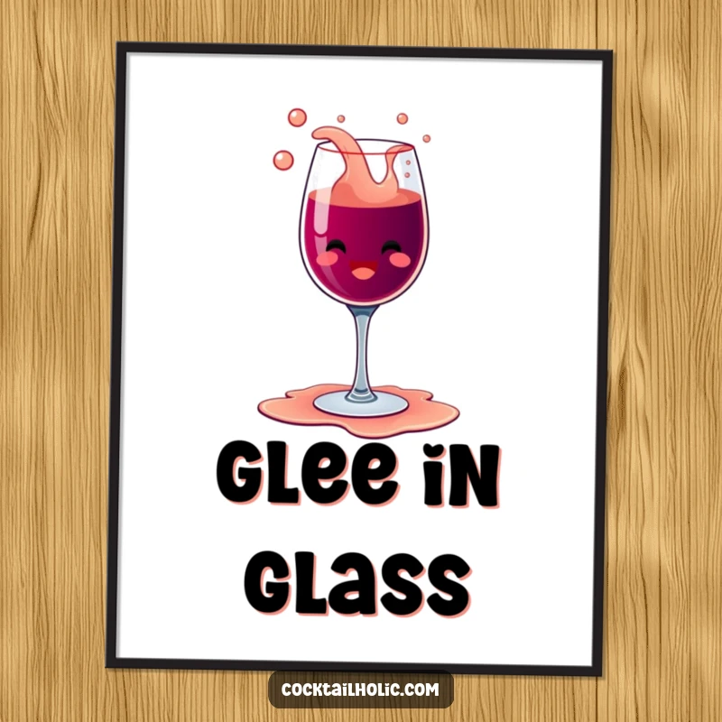 Funny happy wine glass character with bubbly overflow, spilling its contents with glee, available as a high-resolution digital art print.