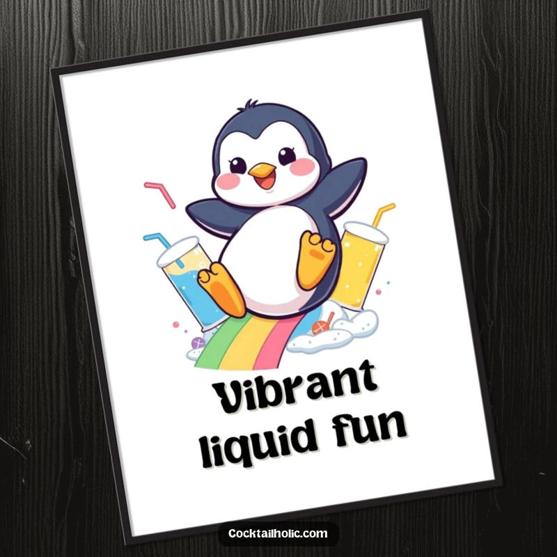 Funny digital art print of a cheerful penguin sliding down a rainbow of bubbly drinks, a delightful decoration.