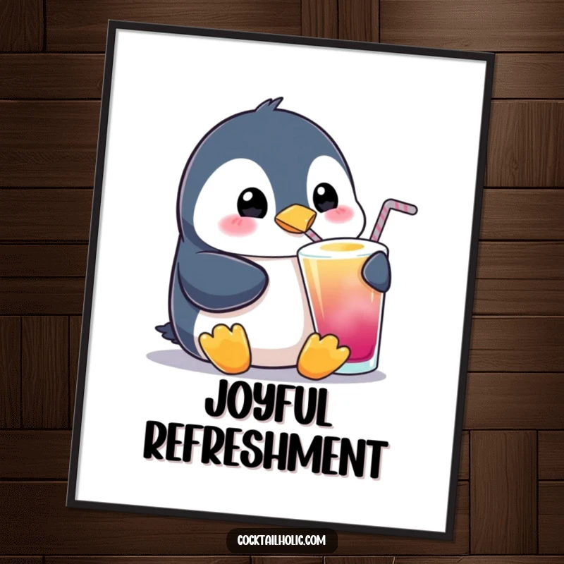 Funny Penguin Sipping Digital Art Print: A high-quality image of a plump penguin contentedly sipping a colorful drink, perfect for cute and humorous wall decor.