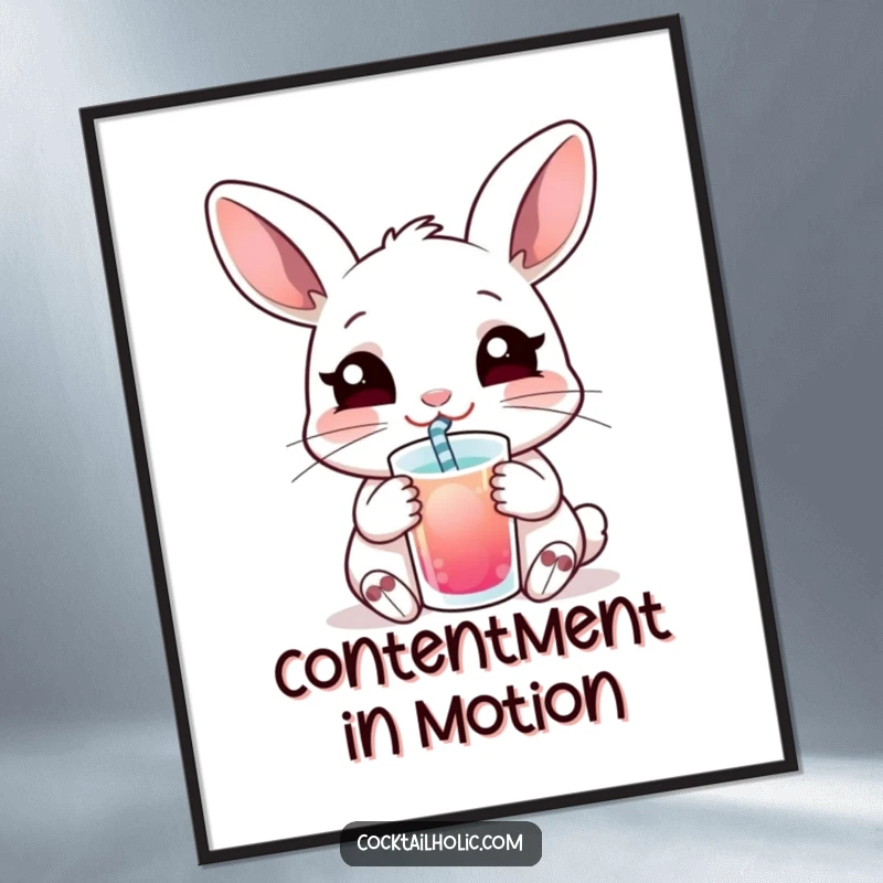 Funny digital art print of a content rabbit sipping a drink with a straw, conveying peace and lighthearted humor.
